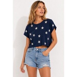 Splendid Navy Star Print Cropped Boxy Tee XL Made in USA Soft Modal Cotton